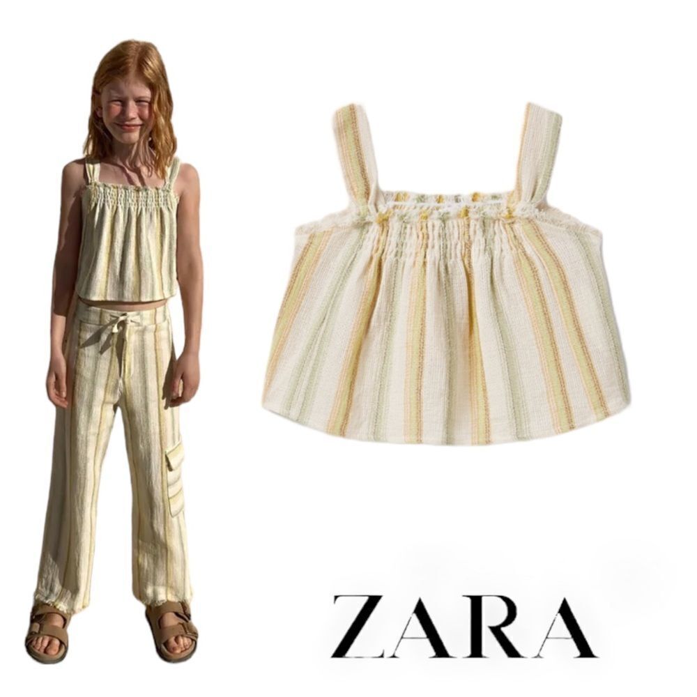 ZARA Kids | Green / Ecru | STRIPED TEXTURED TOP
